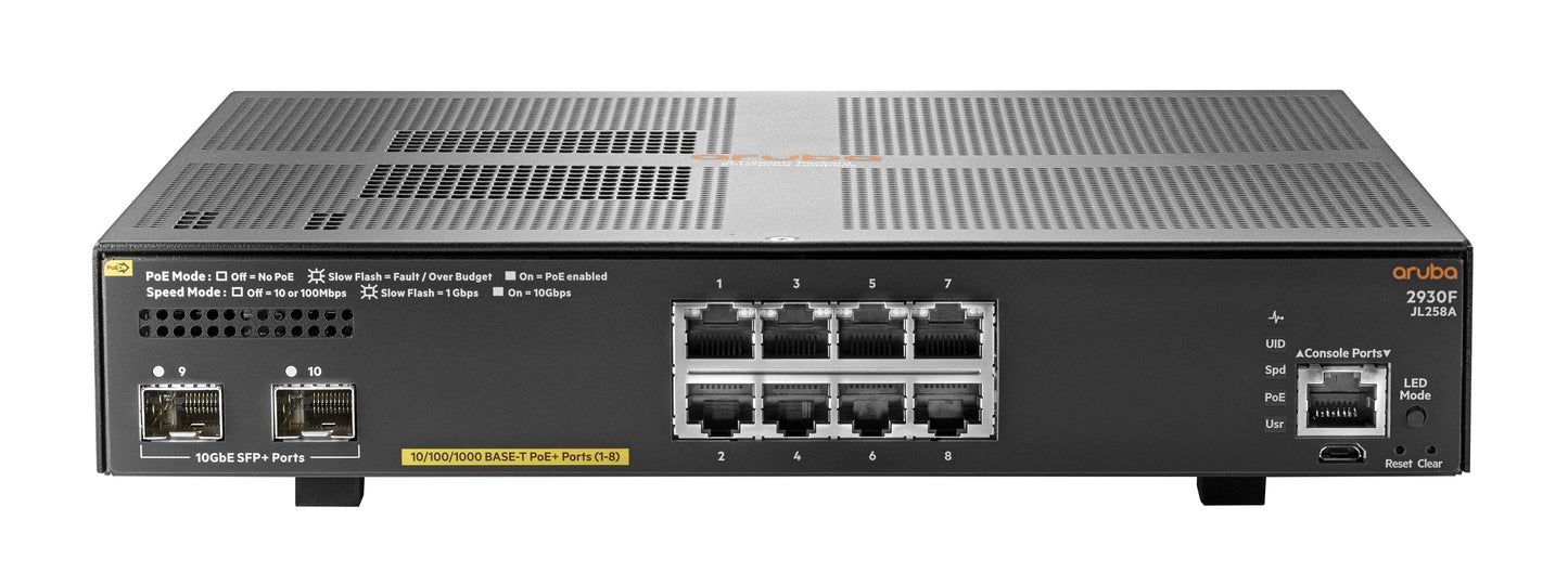 Hewlett Packard Enterprise Aruba 2930F 8G Poe+ 2Sfp+ Managed L3 Gigabit Ethernet (10/100/1000) Power Over Ethernet (Poe) 1U Grey