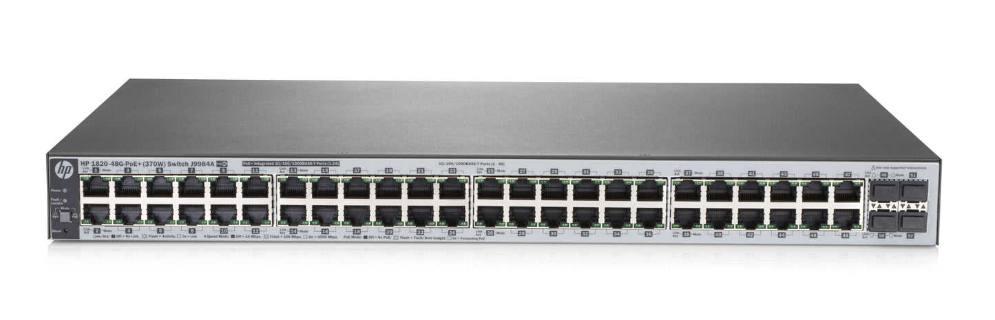 Hewlett Packard Enterprise Officeconnect 1820 48G Poe+ (370W) Managed L2 Gigabit Ethernet (10/100/1000) Power Over Ethernet (Poe) 1U Grey