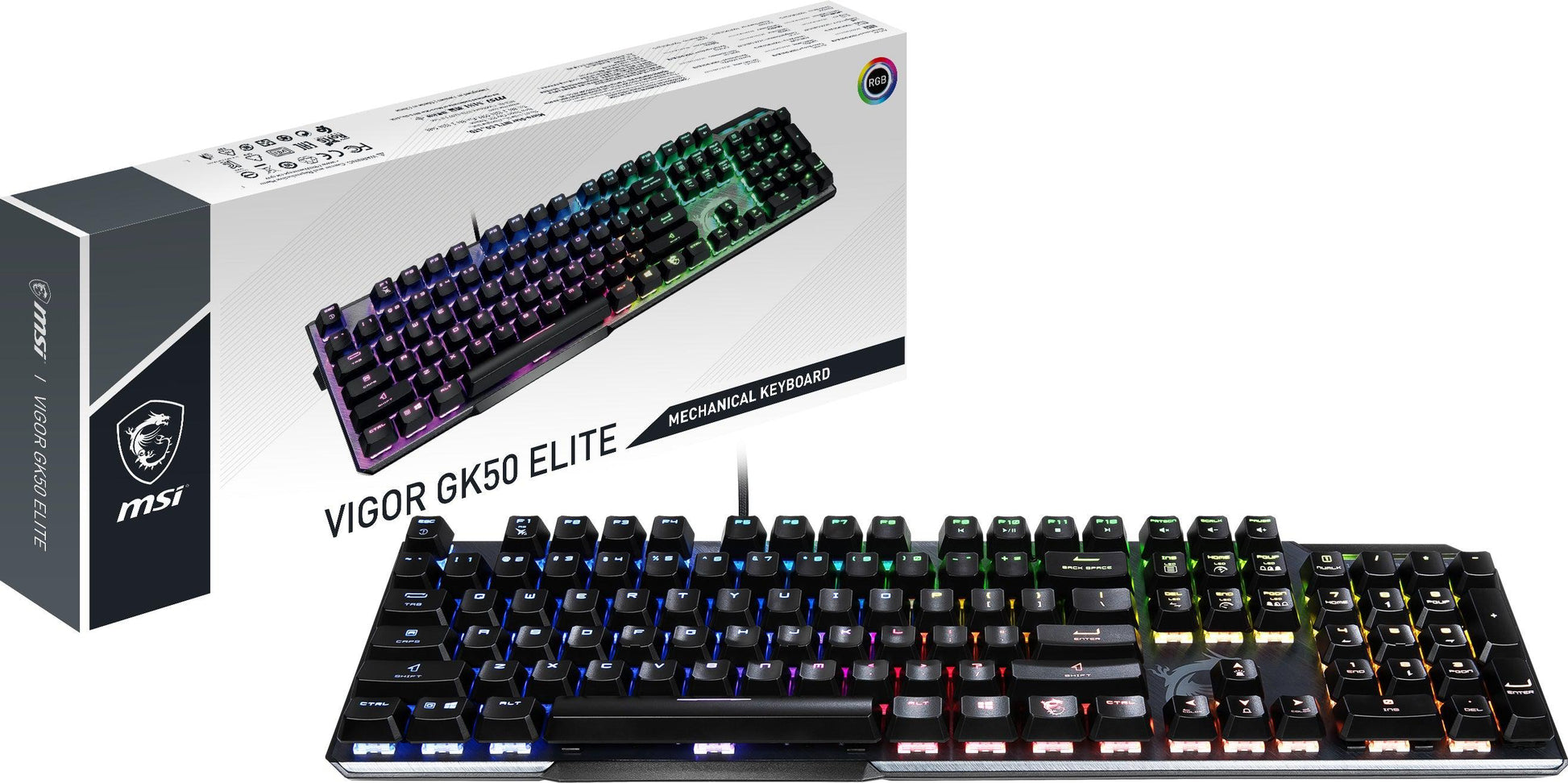 Msi Uk Vigor Gk50 Elite Mechanical Gaming Keyboard 'Uk-Layout, Kailh Box-White Switches, Per Key Rgb Light Led Backlit, Tactile, Floating Key Design, Water Resistant, Center'