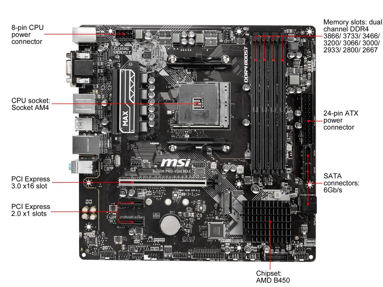 Msi Pro B450M Pro-Vdh Max Am4 Amd B450 Sata 6Gb/S Micro Atx Amd Motherboard