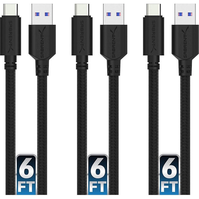 Sabrent 3-Pack 22Awg Premium 6Ft Usb-C To Usb A 3.0 Sync & Charge Cables (Cb-C3X6)