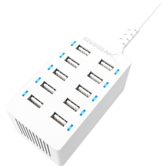 Sabrent 60 Watt (12 Amp) 10 Port Desktop Smart Usb Rapid Charger | White