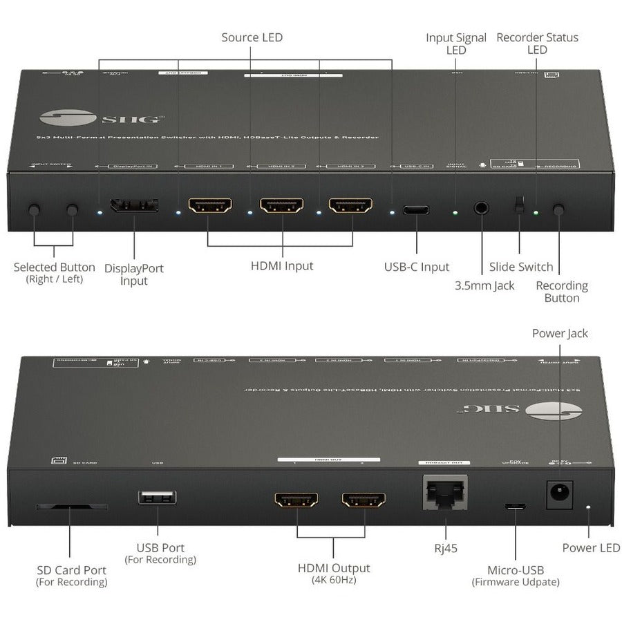 Siig 5X3 Multi-Format 4K 60Hz Presentation Switcher & Recorder 230Ft - Taa Compliant