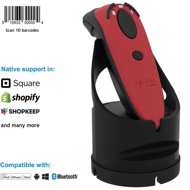 Socket Mobile Durascan&Reg; D730, Laser Barcode Scanner, Red & Charging Dock