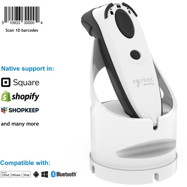 Socket Mobile Durascan&Reg; D730, Laser Barcode Scanner, White & Charging Dock