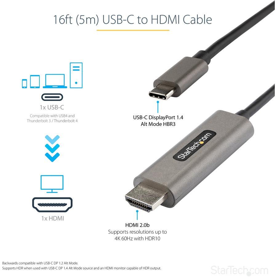 Startech.Com 16Ft (5M) Usb C To Hdmi Cable 4K 60Hz W/ Hdr10 - Ultra Hd Usb Type-C To 4K Hdmi 2.0B