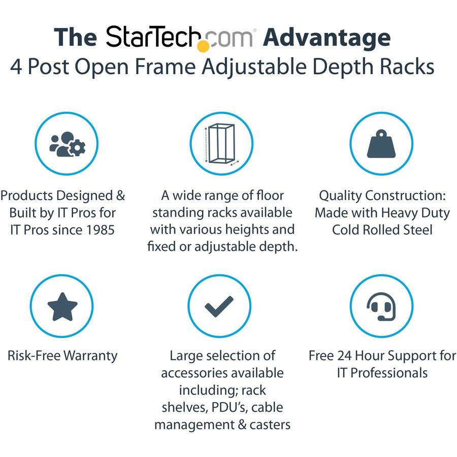 Startech.Com 25U Open Frame Server Rack - 4 Post Adjustable Depth (23" To 41") Network Equipment Rack W/ Casters/ Levelers/ Cable Management (4Postrack25U)