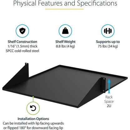 Startech.Com 2U Server Rack Shelf - 2 Post - Center Mount - Solid