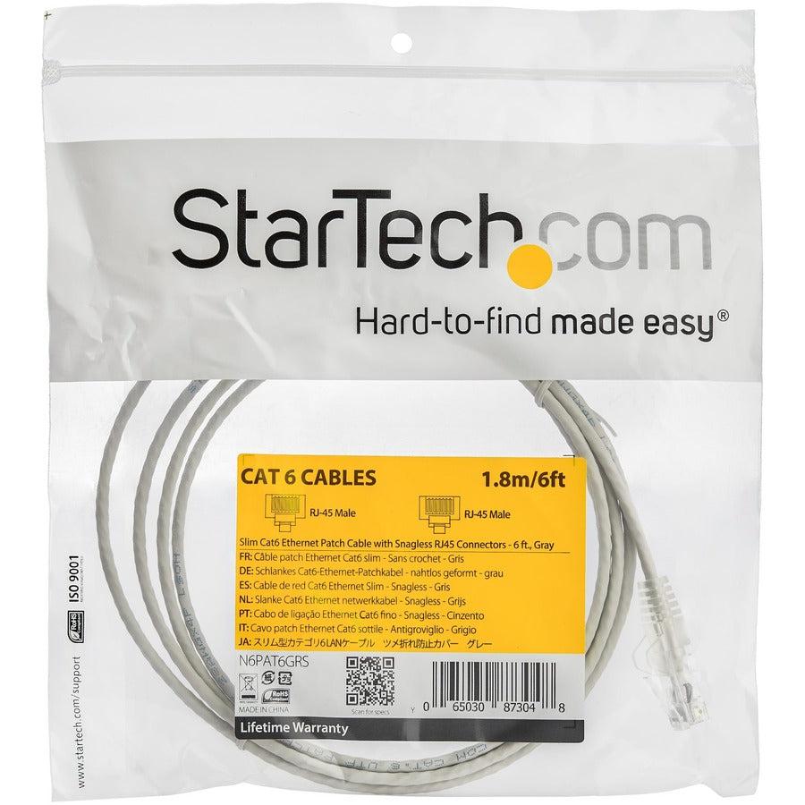 Startech.Com 6 Ft. Cat6 Ethernet Cable - Slim - Snagless Rj45 Connectors - Gray