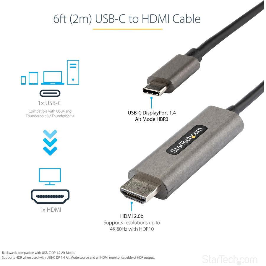 Startech.Com 6Ft (2M) Usb C To Hdmi Cable 4K 60Hz W/ Hdr10 - Ultra Hd Usb Type-C To 4K Hdmi 2.0B
