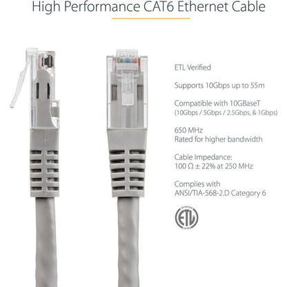 Startech.Com 6Ft Cat6 Ethernet Cable - Gray Cat 6 Gigabit Ethernet Wire -650Mhz 100W Poe Rj45 Utp Molded Network/Patch Cord W/Strain Relief/Fluke Tested/Wiring Is Ul Certified/Tia