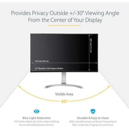 Startech.Com Monitor Privacy Screen For 23" Display - Computer Screen Security Filter - Blue Light Reducing Screen Protector Film - 16:9 Widescreen - Matte/Glossy - +/-30 Degree