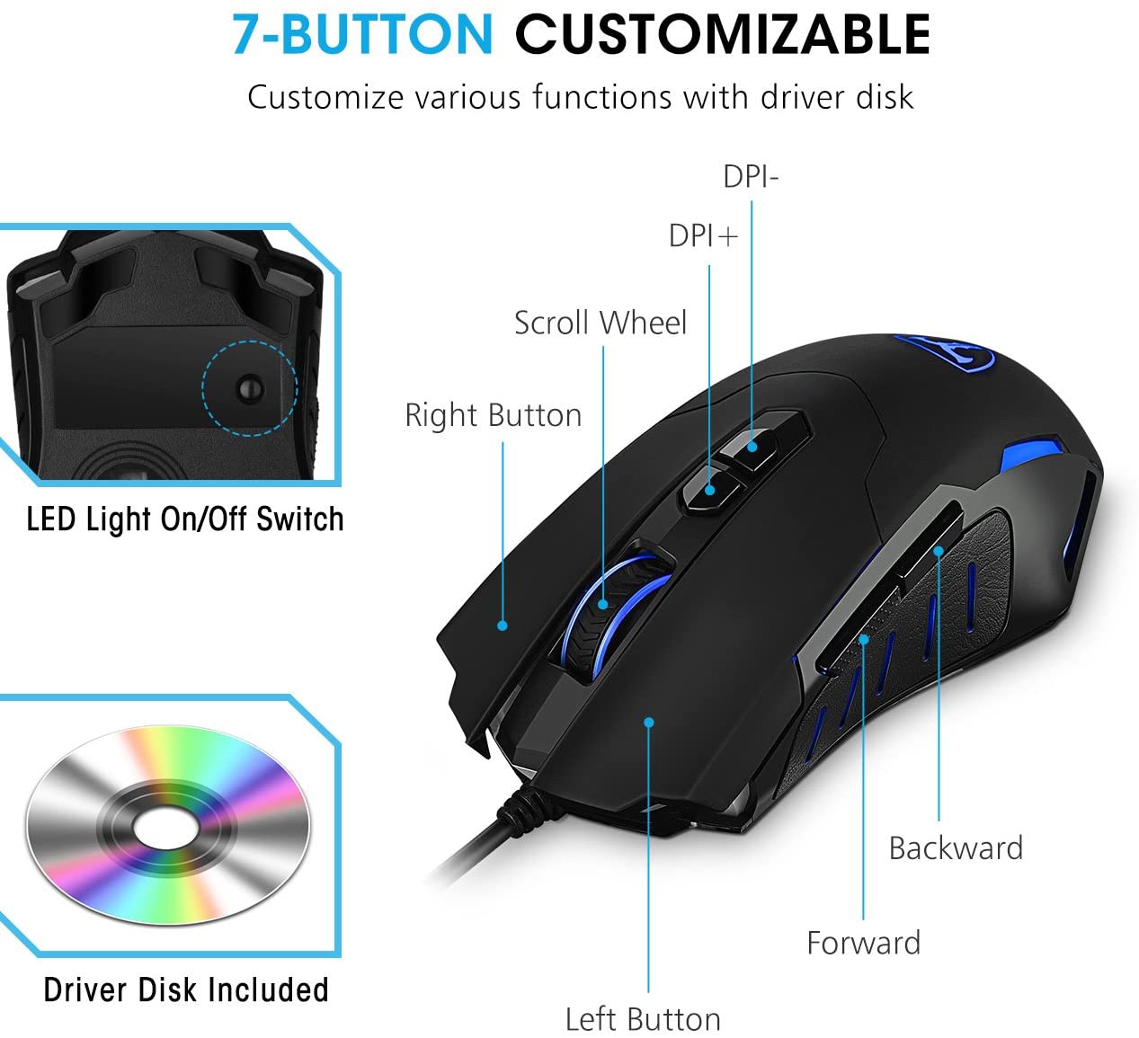 Tecisoft Gaming Mouse Wired [7200 Dpi] [Programmable] [Breathing Light] Ergonomic Gaming Mouse