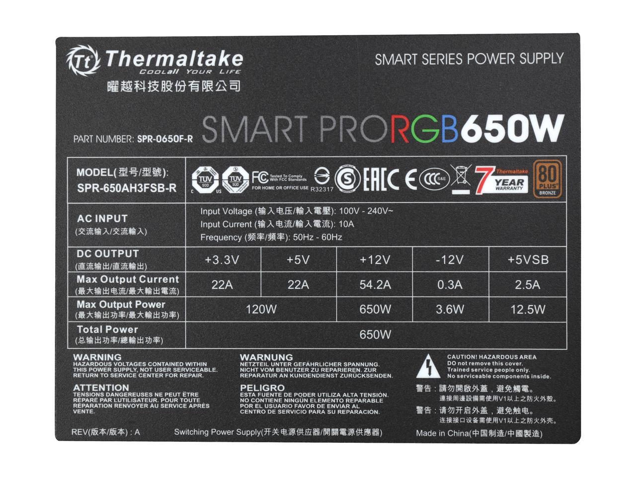 Thermaltake Smart Pro Rgb Ps-Spr-0650Fpcbus-R 650W 80 Plus Bronze Atx12V 2.4 & Eps12V 2.92 Power Supply W/ Active Pfc & Full Modular (Black)