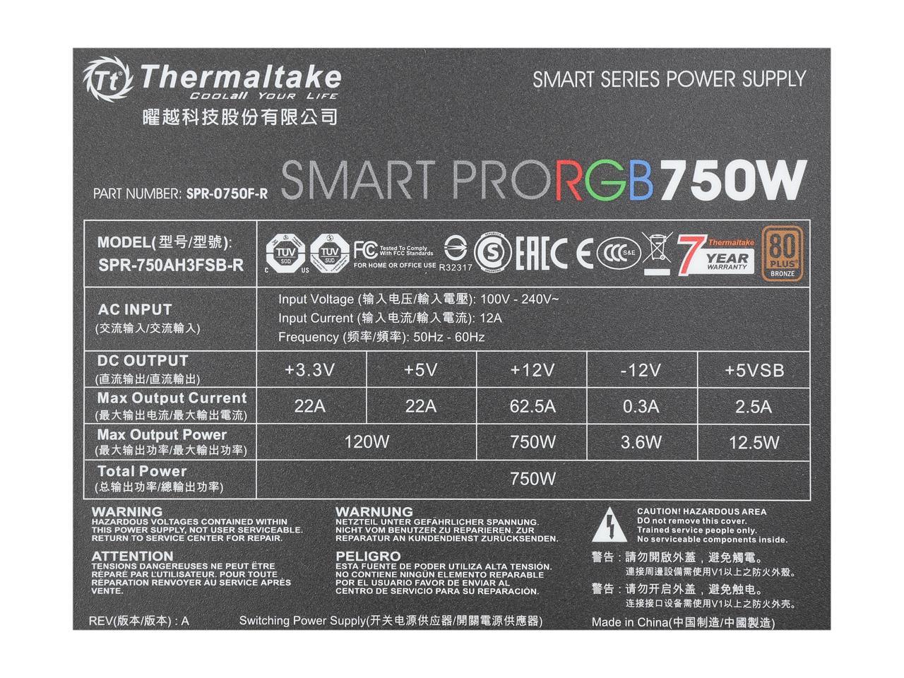 Thermaltake Smart Pro Rgb Ps-Spr-0750Fpcbus-R 750W 80 Plus Bronze Atx12V 2.4 & Eps12V 2.92 Power Supply W/ Active Pfc & Full Modular (Black)