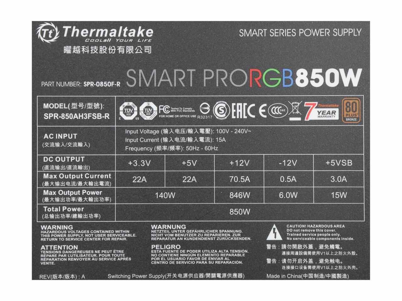 Thermaltake Smart Pro Rgb Ps-Spr-0850Fpcbus-R 850W 80 Plus Bronze Atx12V 2.4 & Eps12V 2.92 Power Supply W/ Active Pfc & Full Modular (Black)