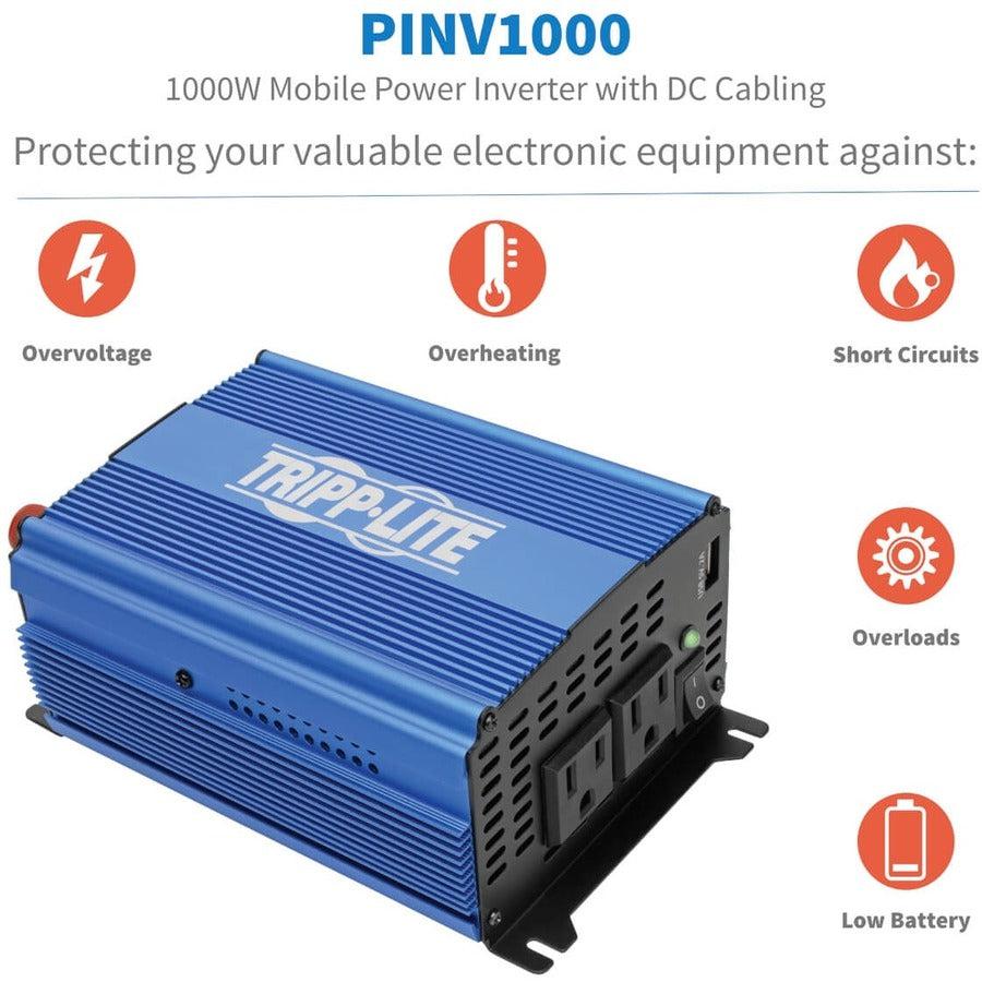 Tripp Lite 1000W Light-Duty Compact Power Inverter With 2 Ac/1 Usb - 2.0A/Battery Cables, Mobile