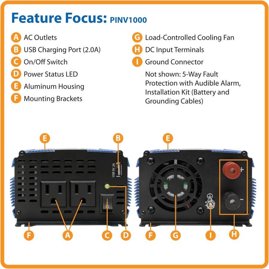 Tripp Lite 1000W Light-Duty Compact Power Inverter With 2 Ac/1 Usb - 2.0A/Battery Cables, Mobile