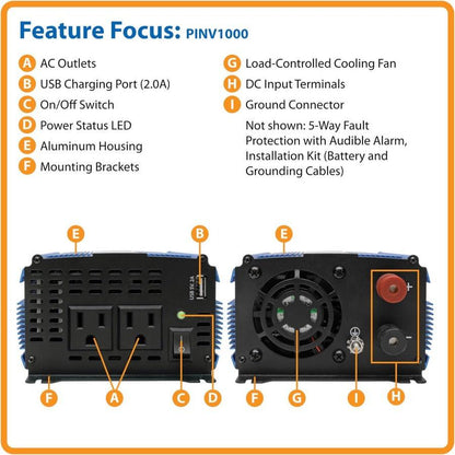 Tripp Lite 1000W Light-Duty Compact Power Inverter With 2 Ac/1 Usb - 2.0A/Battery Cables, Mobile