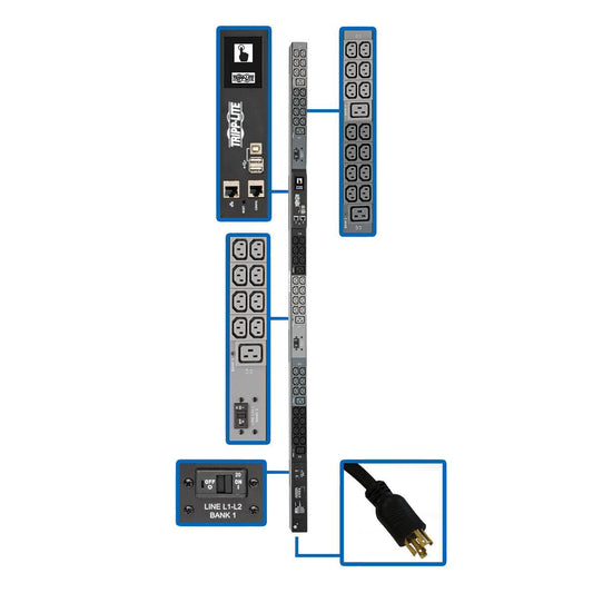 Tripp Lite 10Kw 3-Phase Monitored Pdu, Lx Interface, 200/208/240V Outlets (42 C13/6 C19), Lcd, Nema L15-30P, 1.8M/6 Ft. Cord, 0U 1.8M/70 In. Height, Taa
