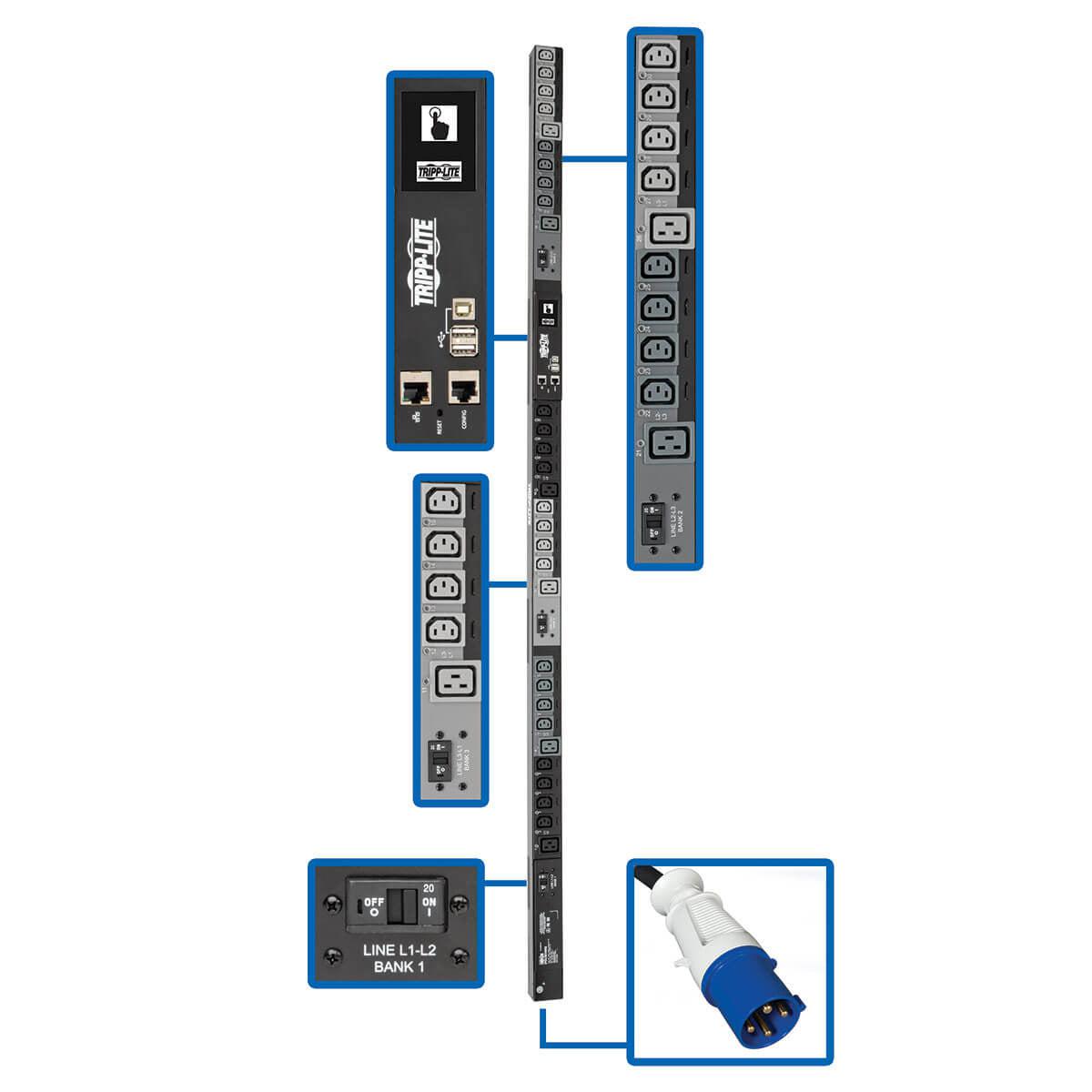 Tripp Lite 10Kw 3-Phase Switched Pdu, Lx Interface, 200/208/240V Outlets (24 C13/6 C19), Lcd, Iec
