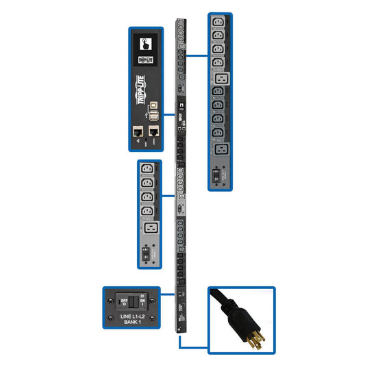 Tripp Lite 10Kw 3-Phase Switched Pdu, Lx Interface, 200/208/240V Outlets (24 C13/6 C19), Lcd, Nema L21-30P, 1.8M/6 Ft. Cord, 0U 1.8M/70 In. Height, Taa