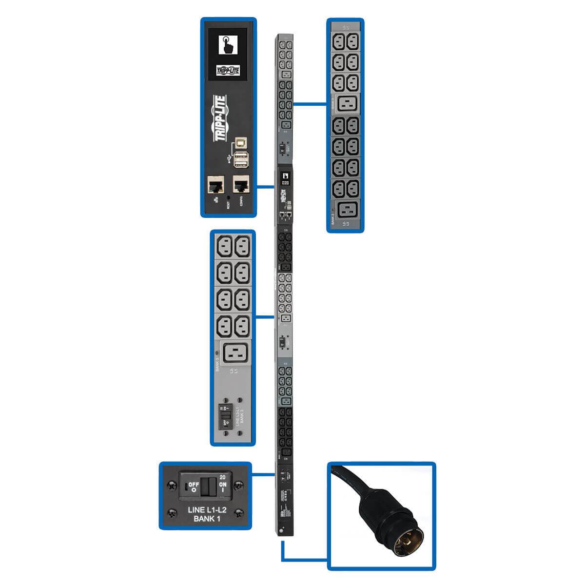 Tripp Lite 14.5Kw 3-Phase Monitored Pdu Lx Interface, 200/208/240V Outlets (42 C13/6 C19), Lcd,