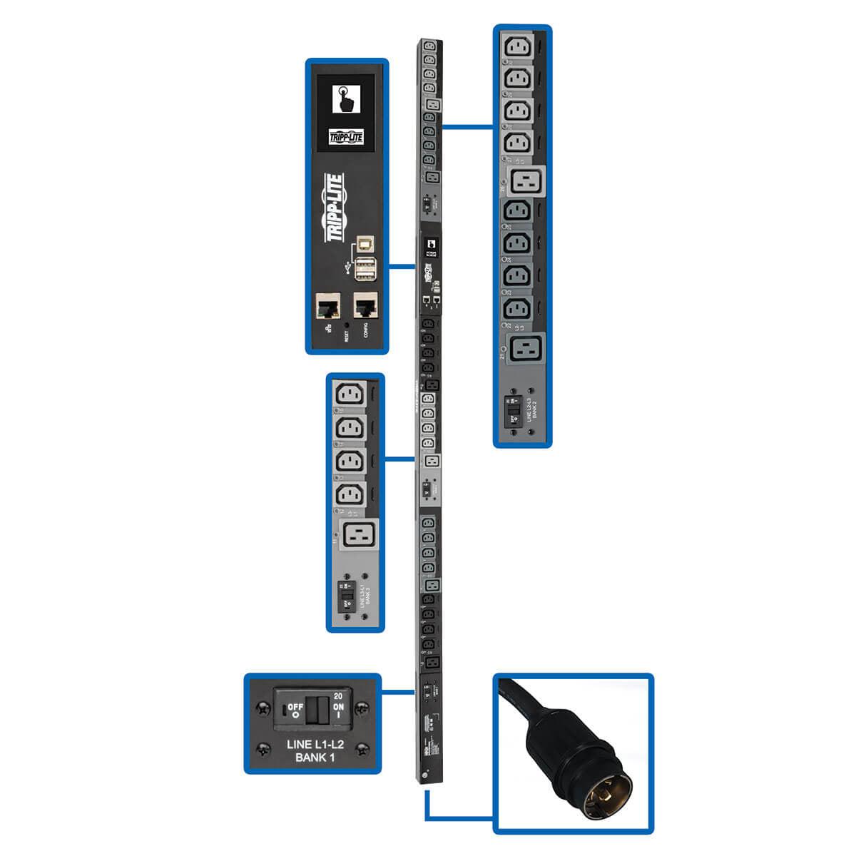 Tripp Lite 14.5Kw 3-Phase Switched Pdu, Lx Interface, 200/208/240V Outlets (24 C13/6 C19), Lcd,