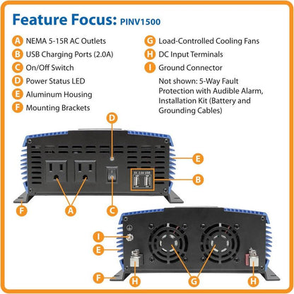 Tripp Lite 1500W Medium-Duty Compact Mobile Power Inverter With 2 Ac/2 Usb - 2.0A/Battery Cables