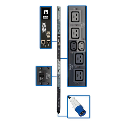 Tripp Lite 16.2Kw 3-Phase Switched Pdu - 6 C13 & 12 C19 Outlets, Iec 309 60A Blue, 0U, Outlet Monitoring, Taa