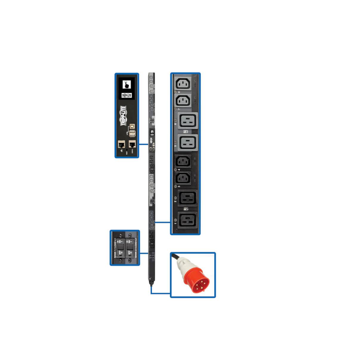 Tripp Lite 17.3Kw 3-Phase Switched Pdu - 12 C13 & 12 C19 Outlets, Iec 309 30A Red, 0U, Outlet Monitoring, Taa