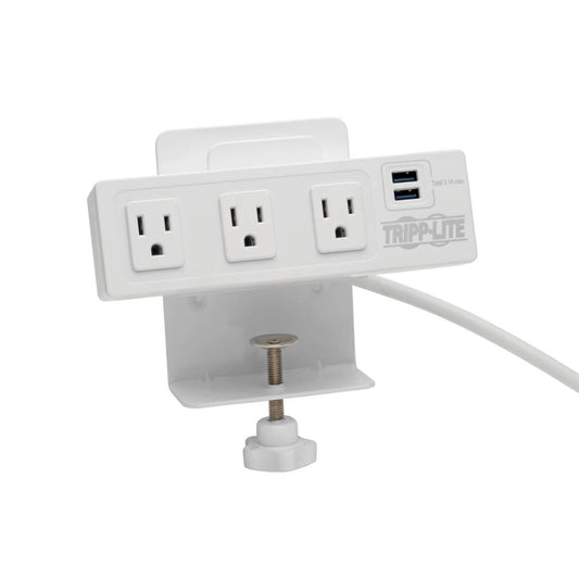 Tripp Lite 3-Outlet Surge Protector With 2 Usb Ports, 10 Ft. Cord – 510 Joules, Desk Clamp, White Housing