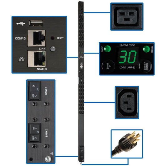 Tripp Lite 5/5.8Kw Single-Phase Monitored Pdu, Lx Interface, 208/240V Outlets (36 C13/6 C19), L6-30P, 10 Ft. Cord, 0U 1.8M/70 In. Height, Taa