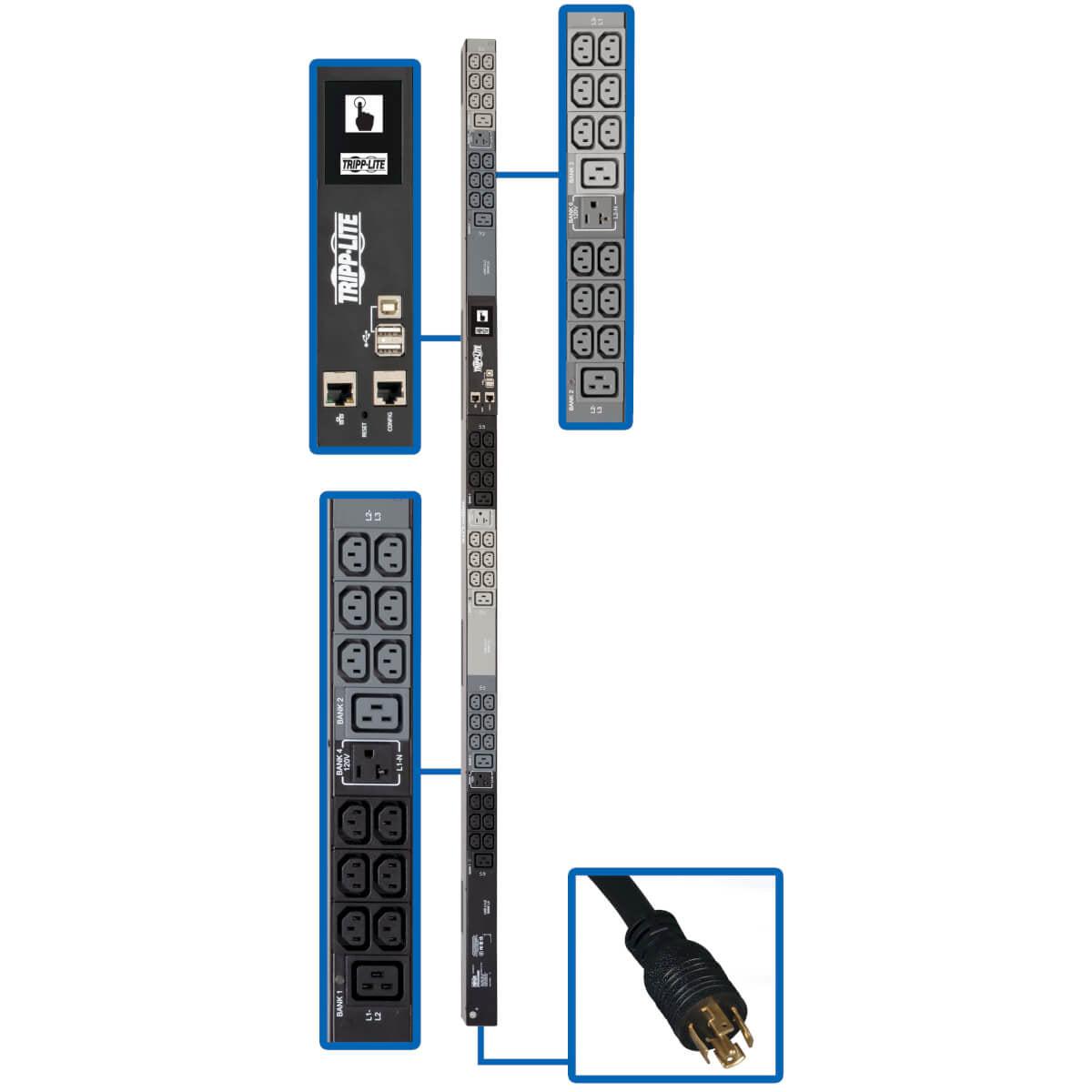 Tripp Lite 5.8Kw 3-Phase Pdu, Vertical, Monitored, 0U With 36 Iec C13, 6 C19, 3 5-15/20R Plug Sockets - L21-20P Input