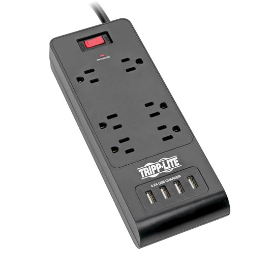 Tripp Lite 6-Outlet Surge Protector With 4 Usb Ports (4.2A Shared) - 6 Ft. Cord, 900 Joules, Black