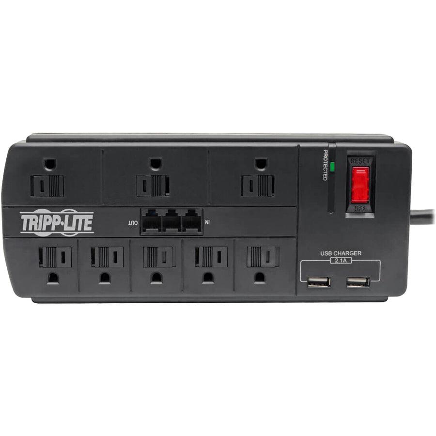 Tripp Lite 8-Outlet Surge Protector With 2 Usb Ports (2.1A Shared) - 8 Ft. Cord, 1200 Joules, Tel/Modem, Black