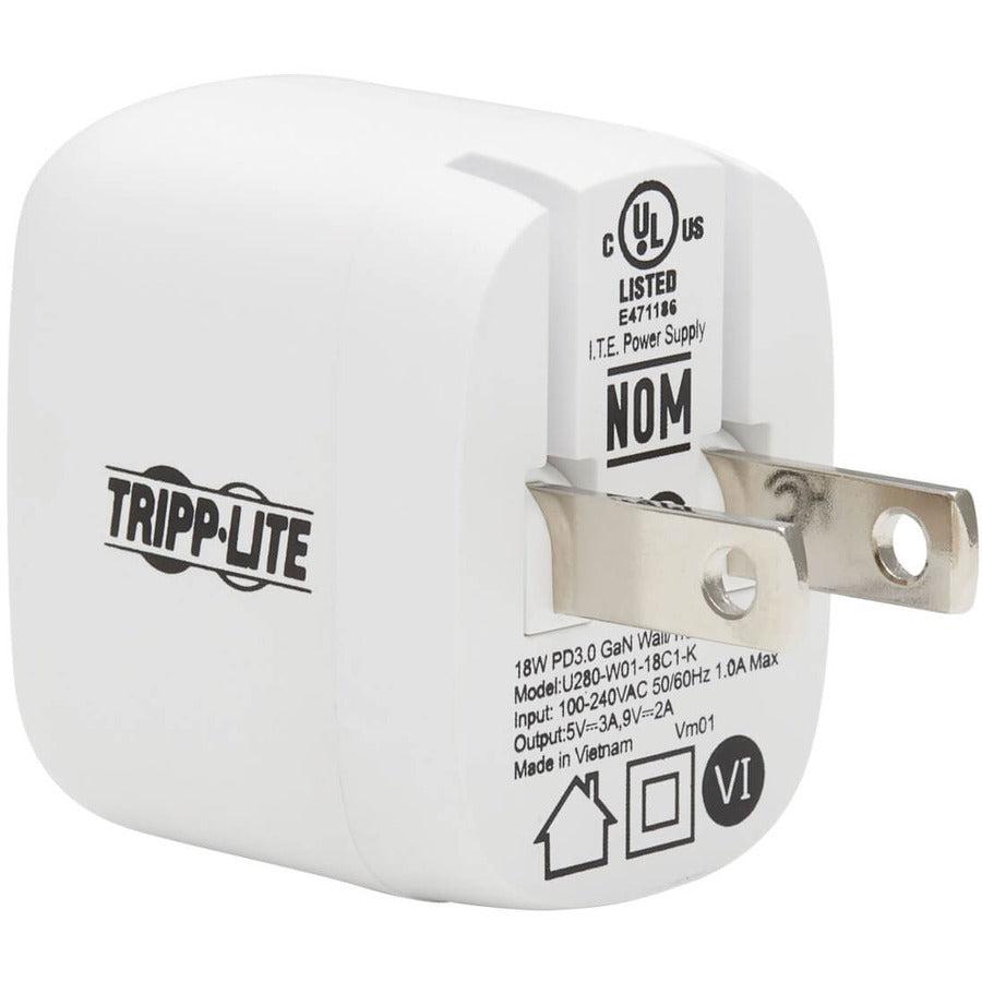 Tripp Lite Compact Usb-C Wall Charger - 18W Pd Charging, Gan Technology, Usb-C To Lightning Cable, White