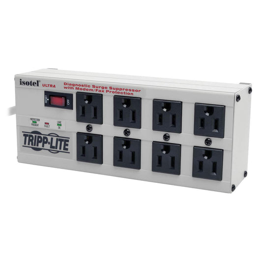 Tripp Lite Isobar 8-Outlet Surge Protector, 12 Ft. Cord With Right-Angle Plug, 3840 Joules, Diagnostic Leds, Tel/Fax/Modem, Metal