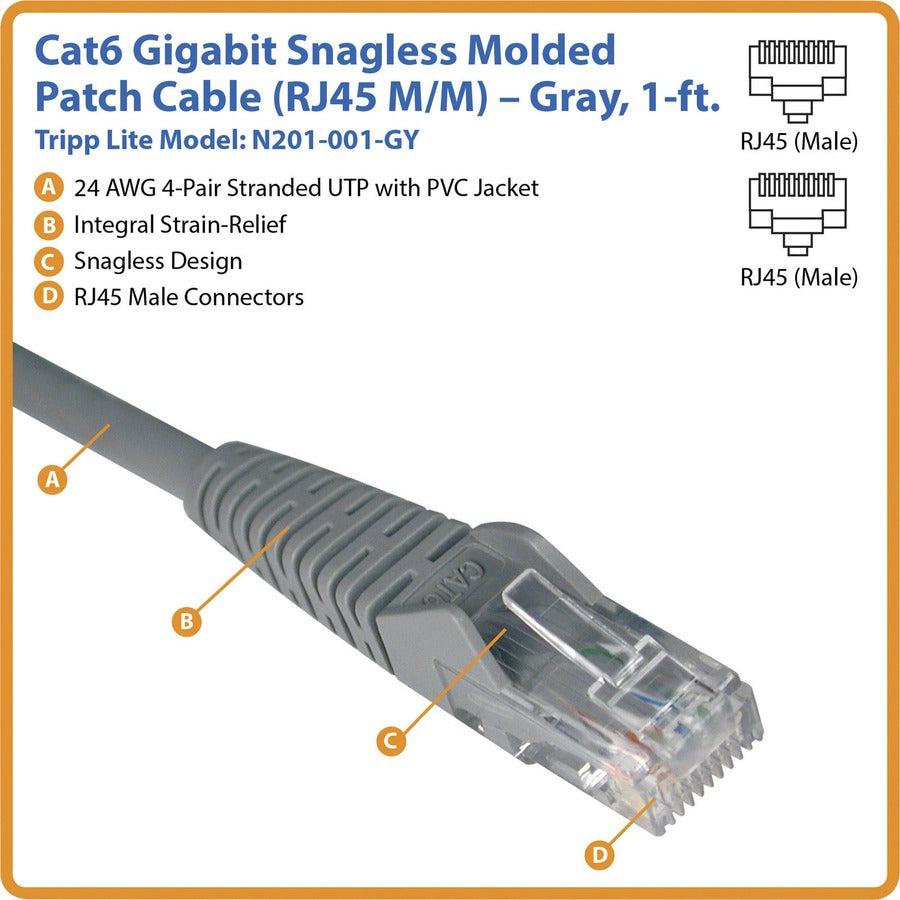 Tripp Lite N201-001-Gy Cat6 Gigabit Snagless Molded (Utp) Ethernet Cable (Rj45 M/M), Gray, 1 Ft. (0.31 M)