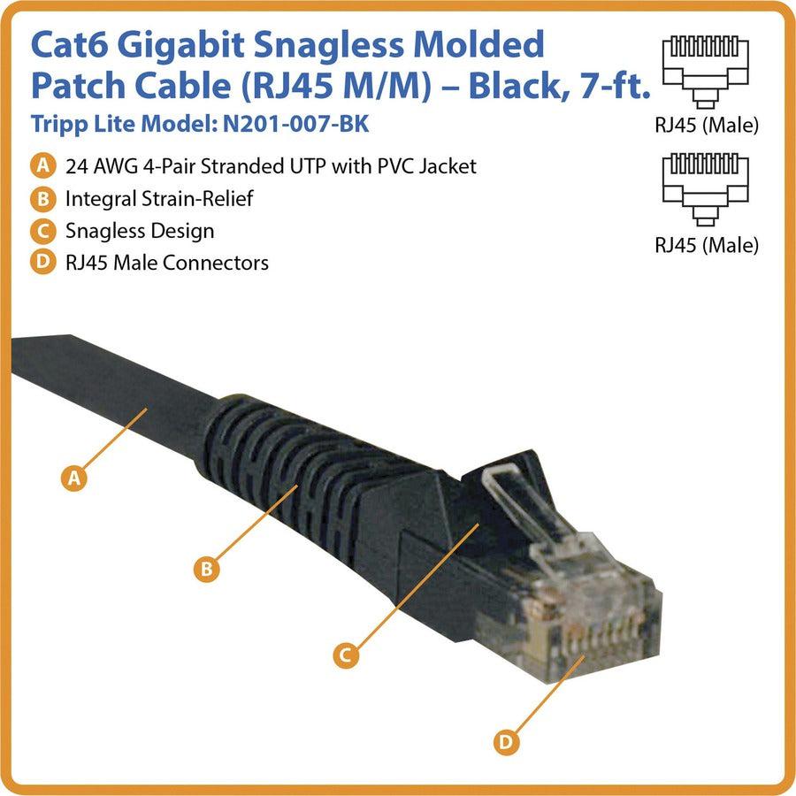 Tripp Lite N201-007-Bk Cat6 Gigabit Snagless Molded (Utp) Ethernet Cable (Rj45 M/M), Black, 7 Ft. (2.13 M)