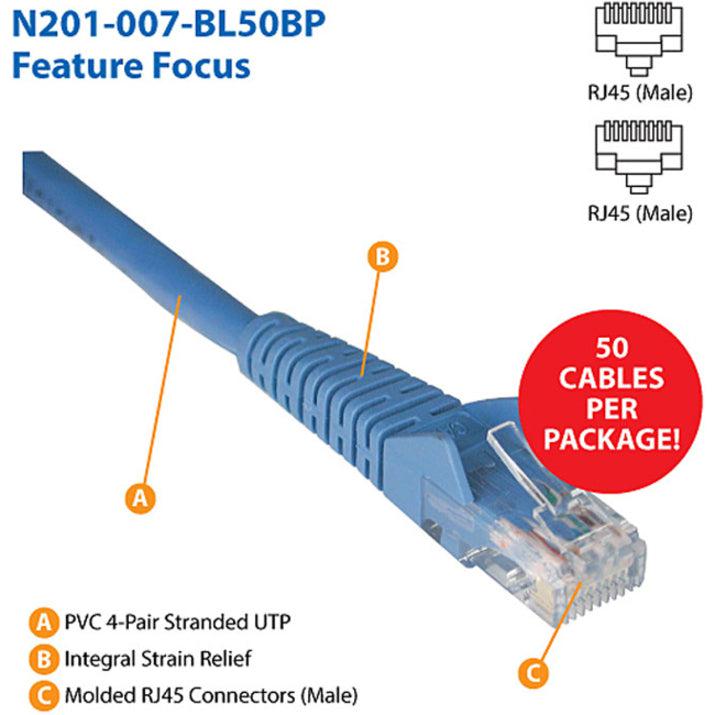 Tripp Lite N201-007-Bl50Bp Cat6 Gigabit Snagless Molded (Utp) Ethernet Cable (Rj45 M/M), Blue, 7 Ft. (2.13 M), 50-Piece Bulk Pack