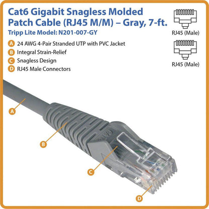 Tripp Lite N201-007-Gy Cat6 Gigabit Snagless Molded (Utp) Ethernet Cable (Rj45 M/M), Gray, 7 Ft. (2.13 M)