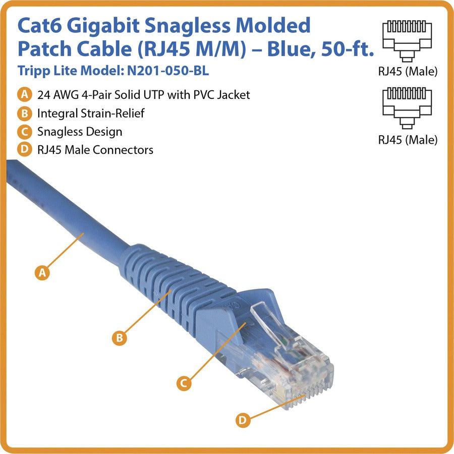 Tripp Lite N201-050-Bl Cat6 Gigabit Snagless Molded (Utp) Ethernet Cable (Rj45 M/M), Blue, 50 Ft. (15.24 M)