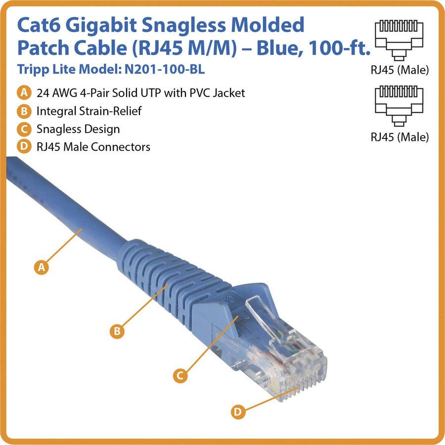 Tripp Lite N201-100-Bl Cat6 Gigabit Snagless Molded (Utp) Ethernet Cable (Rj45 M/M), Blue, 100 Ft. (30.5 M)