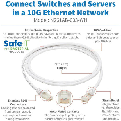 Tripp Lite N261Ab-003-Wh Safe-It Cat6A 10G Certified Snagless Antibacterial Utp Ethernet Cable (Rj45 M/M), White, 3-Ft. (0.91 M)