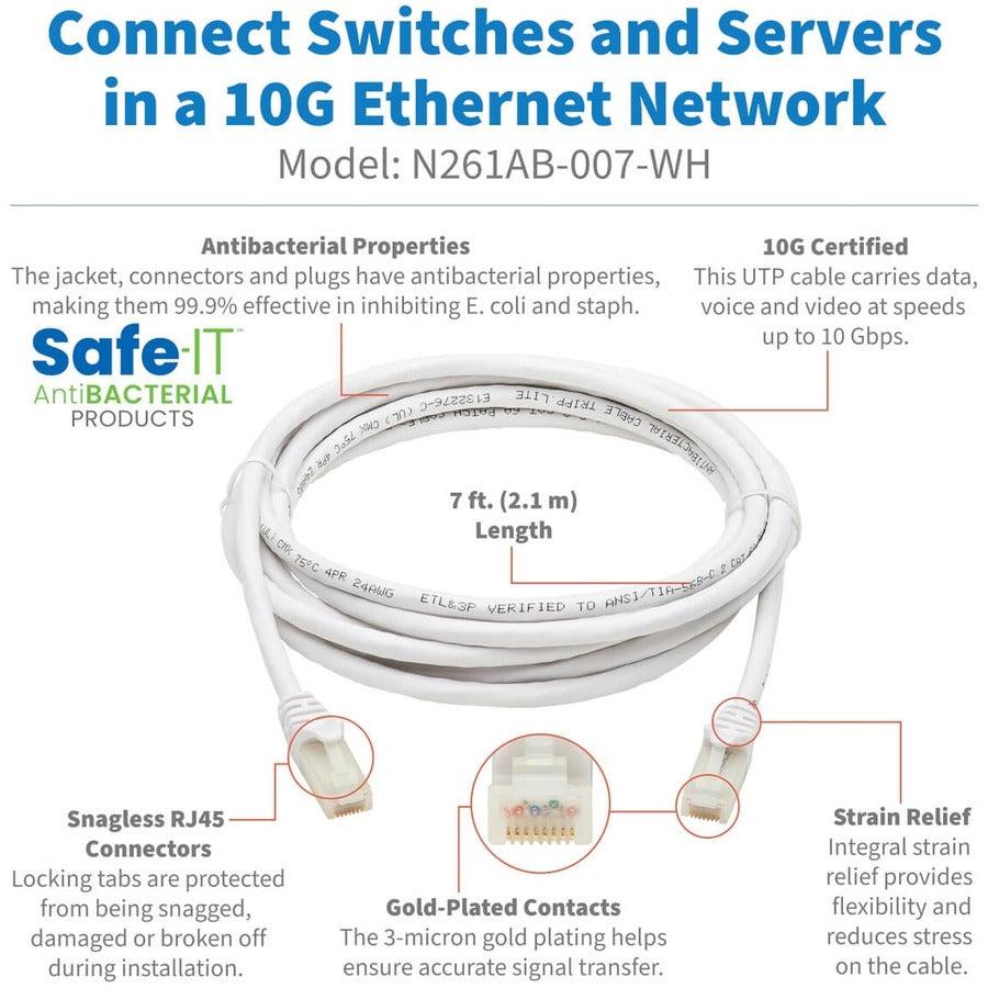 Tripp Lite N261Ab-007-Wh Safe-It Cat6A 10G Certified Snagless Antibacterial Utp Ethernet Cable (Rj45 M/M), White, 7-Ft. (2.13 M)