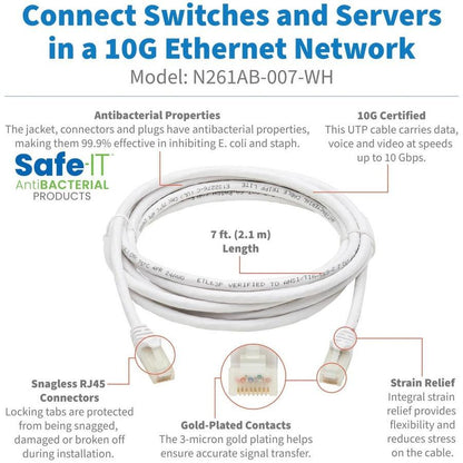 Tripp Lite N261Ab-007-Wh Safe-It Cat6A 10G Certified Snagless Antibacterial Utp Ethernet Cable (Rj45 M/M), White, 7-Ft. (2.13 M)