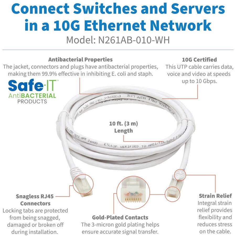 Tripp Lite N261Ab-010-Wh Safe-It Cat6A 10G Certified Snagless Antibacterial Utp Ethernet Cable (Rj45 M/M), White, 10-Ft. (3.05 M)