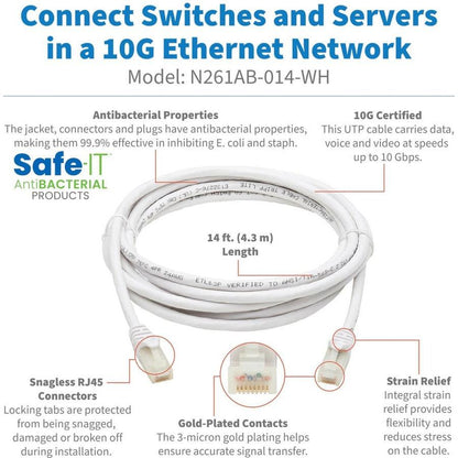 Tripp Lite N261Ab-014-Wh Safe-It Cat6A 10G Certified Snagless Antibacterial Utp Ethernet Cable (Rj45 M/M), White, 14-Ft. (4.27 M)