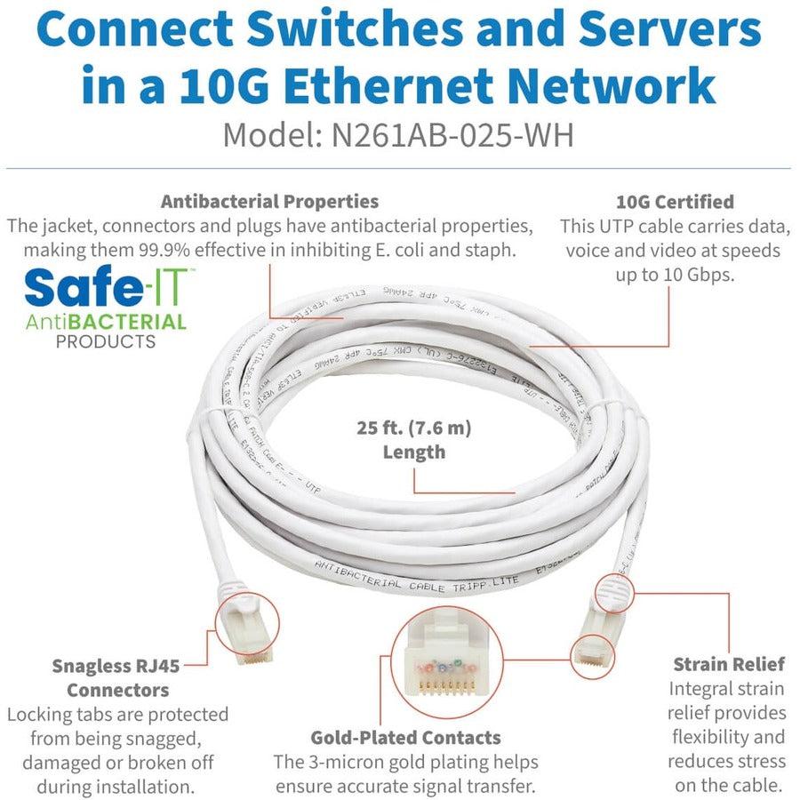 Tripp Lite N261Ab-025-Wh Safe-It Cat6A 10G Certified Snagless Antibacterial Utp Ethernet Cable (Rj45 M/M), White, 25-Ft. (7.62 M)